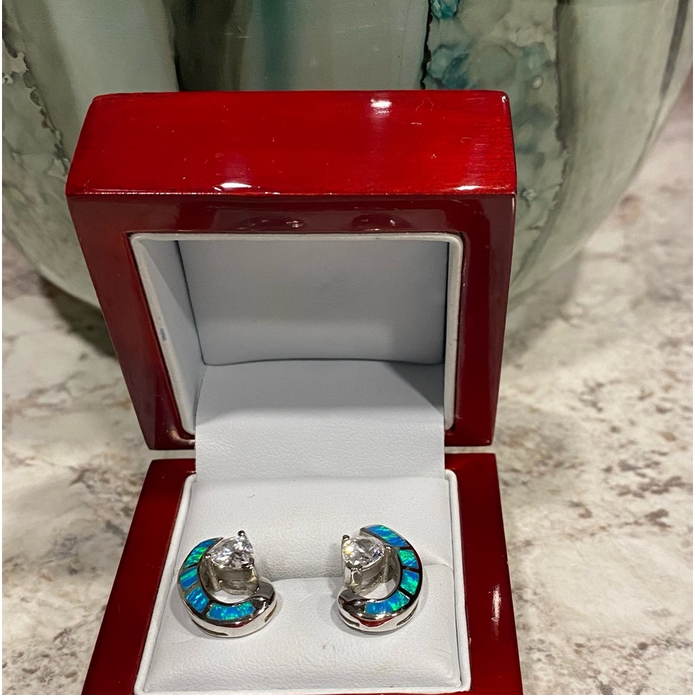 Beautiful Fire Blue Half Moon Earrings With Center Stone Stamped 925